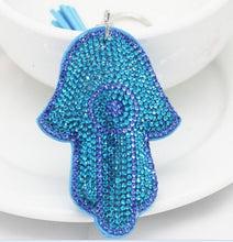Load image into Gallery viewer, Sky Blue Stone Studded Hamsa Hand with Evil Eye Keychain - Keychain