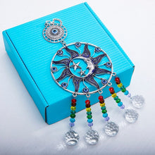 Load image into Gallery viewer, Sun, Moon, and Stars Evil Eye Wall Hanging with Multicolor Suncatcher Crystals - Wall HangingStyle 2 - Long Crystals