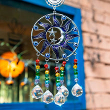 Load image into Gallery viewer, Sun, Moon, and Stars Evil Eye Wall Hanging with Multicolor Suncatcher Crystals - Wall HangingStyle 2 - Long Crystals