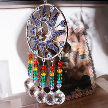 Load image into Gallery viewer, Sun, Moon, and Stars Evil Eye Wall Hanging with Multicolor Suncatcher Crystals - Wall HangingStyle 2 - Long Crystals