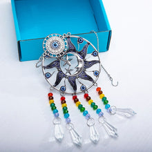 Load image into Gallery viewer, Sun, Moon, and Stars Evil Eye Wall Hanging with Multicolor Suncatcher Crystals - Wall HangingStyle 2 - Long Crystals