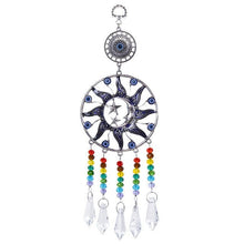 Load image into Gallery viewer, Sun, Moon, and Stars Evil Eye Wall Hanging with Multicolor Suncatcher Crystals - Wall HangingStyle 2 - Long Crystals