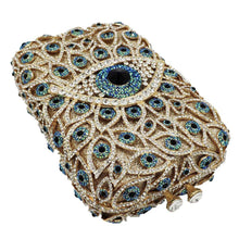 Load image into Gallery viewer, Turquoise and White Stone Studded Evil Eye Clutch - Golden - Handbag