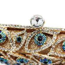 Load image into Gallery viewer, Turquoise and White Stone Studded Evil Eye Clutch - Golden - Handbag