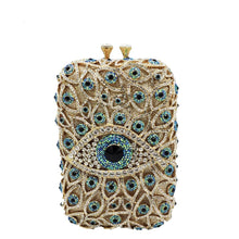 Load image into Gallery viewer, Turquoise and White Stone Studded Evil Eye Clutch - Golden - Handbag