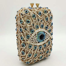 Load image into Gallery viewer, Turquoise and White Stone Studded Evil Eye Clutch - Golden - Handbag