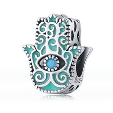 Load image into Gallery viewer, Upward Facing Turquoise Hamsa Hand with Evil Eye Charm Bead - Charm Bead