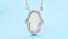 Load image into Gallery viewer, Vibrant Metallic Hamsa Hand Silver Necklaces - NecklaceWhite Opal Color Stone