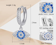 Load image into Gallery viewer, White and Blue Stone Evil Eye Silver Drop Earrings - Earrings