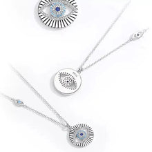 Load image into Gallery viewer, White and Light Blue Stone Dual Evil Eye Silver Necklace - Necklace