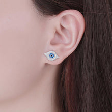 Load image into Gallery viewer, White and Light Blue Stone Evil Eye Silver Stud Earrings - Earrings