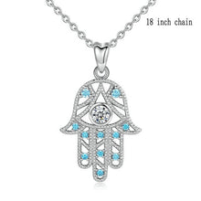Load image into Gallery viewer, White and Light Blue Stone Hamsa Hand Silver Pendant and Necklace - NecklaceWith 18" Chain