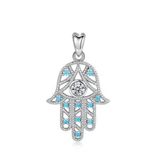Load image into Gallery viewer, White and Light Blue Stone Hamsa Hand Silver Pendant and Necklace - NecklaceOnly Pendant