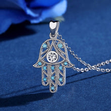 Load image into Gallery viewer, White and Light Blue Stone Hamsa Hand Silver Pendant and Necklace - NecklaceOnly Pendant