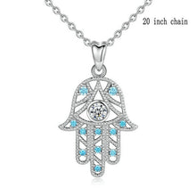 Load image into Gallery viewer, White and Light Blue Stone Hamsa Hand Silver Pendant and Necklace - NecklaceWith 20" Chain