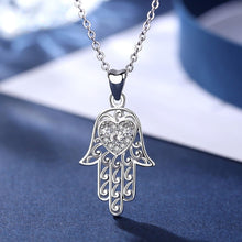 Load image into Gallery viewer, White Heart Stone Hamsa Hand Silver Pendant and Necklace - NecklacePendant and Chain