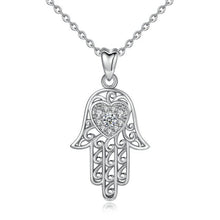 Load image into Gallery viewer, White Heart Stone Hamsa Hand Silver Pendant and Necklace - NecklacePendant and Chain