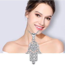 Load image into Gallery viewer, White Heart Stone Hamsa Hand Silver Pendant and Necklace - NecklacePendant and Chain