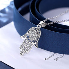 Load image into Gallery viewer, White Heart Stone Hamsa Hand Silver Pendant and Necklace - NecklacePendant and Chain