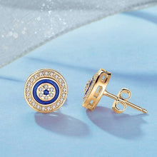Load image into Gallery viewer, White Stone and Blue Enamel Evil Eye Silver Earrings - EarringsRose Gold