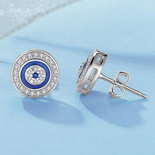 Load image into Gallery viewer, White Stone and Blue Enamel Evil Eye Silver Earrings - EarringsRose Gold