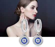 Load image into Gallery viewer, White Stone and Blue Enamel Evil Eye Silver Hoop Earrings - Earrings