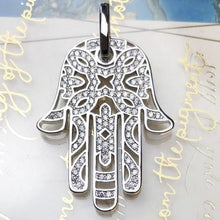 Load image into Gallery viewer, White Stone Engraved Hamsa Hand Silver Pendant - Pendant