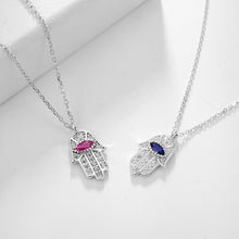 Load image into Gallery viewer, White Stone Hamsa Hand with Blue Stone Evil Eye Silver Necklace - NecklacePink Stone