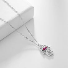 Load image into Gallery viewer, White Stone Hamsa Hand with Blue Stone Evil Eye Silver Necklace - NecklacePink Stone