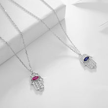Load image into Gallery viewer, White Stone Hamsa Hand with Blue Stone Evil Eye Silver Necklace - NecklacePink Stone