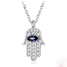 Load image into Gallery viewer, White Stone Hamsa Hand with Blue Stone Evil Eye Silver Necklace - NecklaceBlue Stone