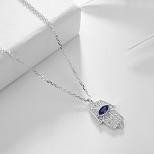 Load image into Gallery viewer, White Stone Hamsa Hand with Blue Stone Evil Eye Silver Necklace - NecklaceBlue Stone