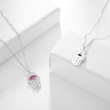 Load image into Gallery viewer, White Stone Hamsa Hand with Blue Stone Evil Eye Silver Necklace - NecklacePink Stone
