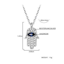 Load image into Gallery viewer, White Stone Hamsa Hand with Blue Stone Evil Eye Silver Necklace - NecklacePink Stone
