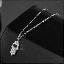 Load image into Gallery viewer, White Stone Hamsa Hand with Blue Stone Evil Eye Silver Necklace - NecklacePink Stone