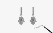 Load image into Gallery viewer, White Stone Hamsa Hand with Evil Eye Silver Drop Earrings - Earrings