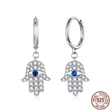 Load image into Gallery viewer, White Stone Hamsa Hand with Evil Eye Silver Drop Earrings - Earrings