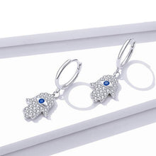 Load image into Gallery viewer, White Stone Hamsa Hand with Evil Eye Silver Drop Earrings - Earrings