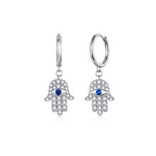 Load image into Gallery viewer, White Stone Hamsa Hand with Evil Eye Silver Drop Earrings - Earrings