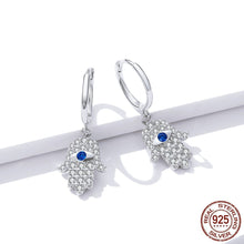 Load image into Gallery viewer, White Stone Hamsa Hand with Evil Eye Silver Drop Earrings - Earrings