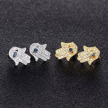 Load image into Gallery viewer, White Stone Hamsa Hand with Evil Eye Stud Earrings - EarringsSilver