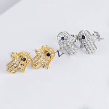 Load image into Gallery viewer, White Stone Hamsa Hand with Evil Eye Stud Earrings - EarringsSilver