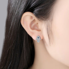Load image into Gallery viewer, White Stone Hamsa Hand with Evil Eye Stud Earrings - EarringsSilver