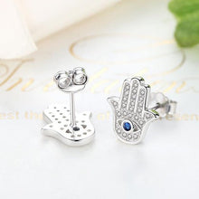 Load image into Gallery viewer, White Stone Hamsa Hand with Evil Eye Stud Earrings - EarringsSilver