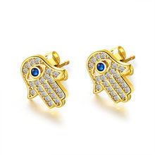 Load image into Gallery viewer, White Stone Hamsa Hand with Evil Eye Stud Earrings - EarringsGold