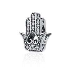 Load image into Gallery viewer, White Stone Heart Design Hamsa Hand Silver Charm Bead - Charm Bead