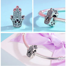 Load image into Gallery viewer, White Stone Heart Design Hamsa Hand Silver Charm Bead - Charm Bead