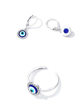 Load image into Gallery viewer, White Stone Studded Greek Blue Evil Eye Jewelry Set - Earrings and Ring - Jewelry Set