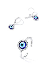 Load image into Gallery viewer, White Stone Studded Greek Blue Evil Eye Jewelry Set - Earrings and Ring - Jewelry Set