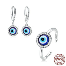 Load image into Gallery viewer, White Stone Studded Greek Blue Evil Eye Jewelry Set - Earrings and Ring - Jewelry Set